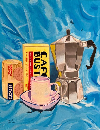 "Merienda de Tardecita" (Afternoon Snack), acrylic on canvas, 2023